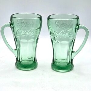 Vintage (Set of 2) Green Coca-Cola Coke Glass with Handle Mugs Libbey 16oz Heavy